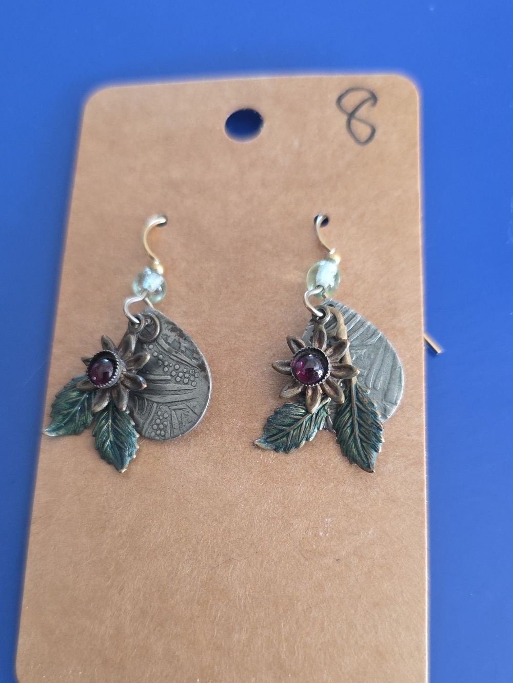 Antique Brass Flower & Leaf Drop Earrings in Green Adventurine with Garnet